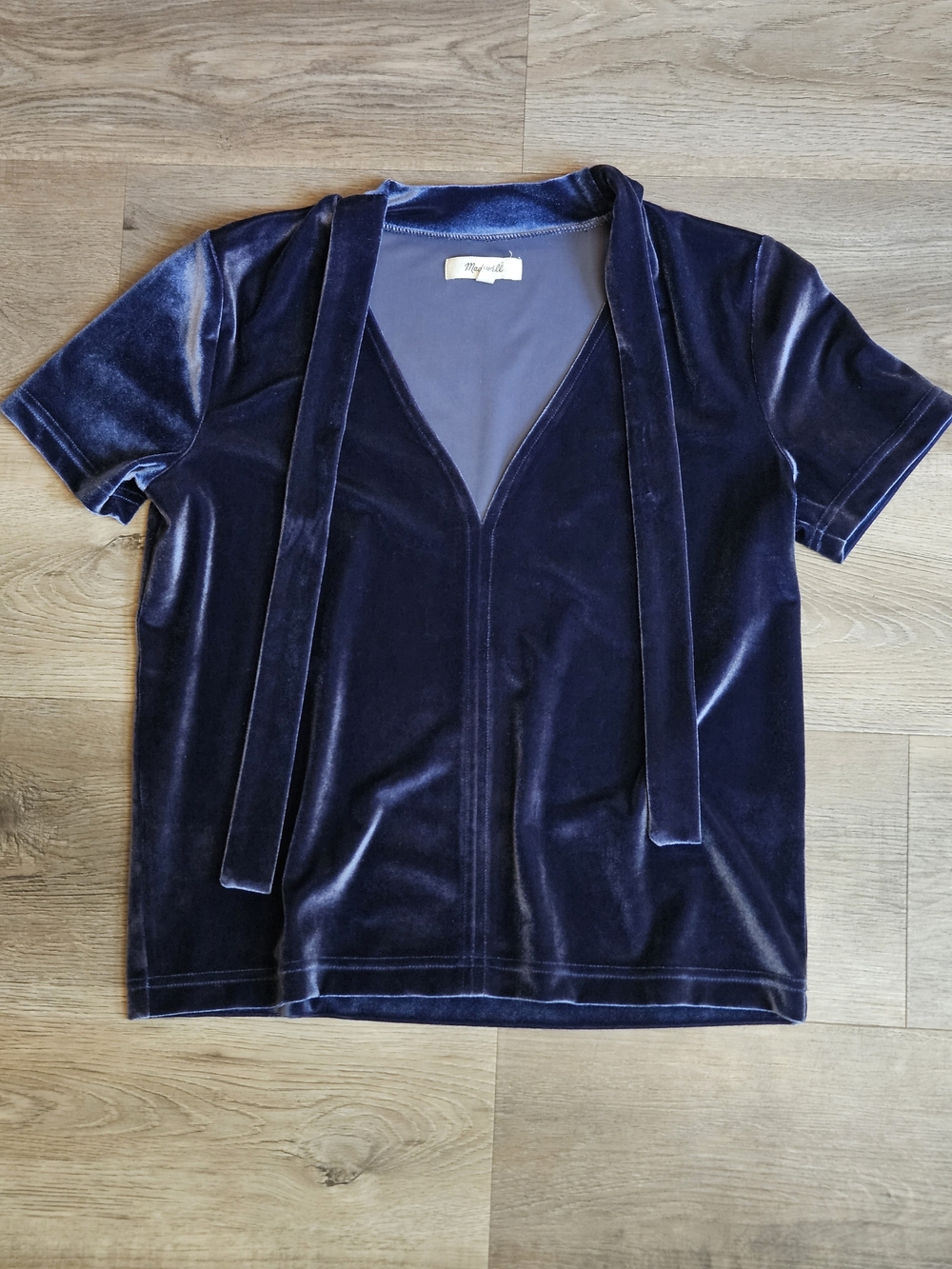 Madewell Velvet Top in Navy with Blue Tie Neck